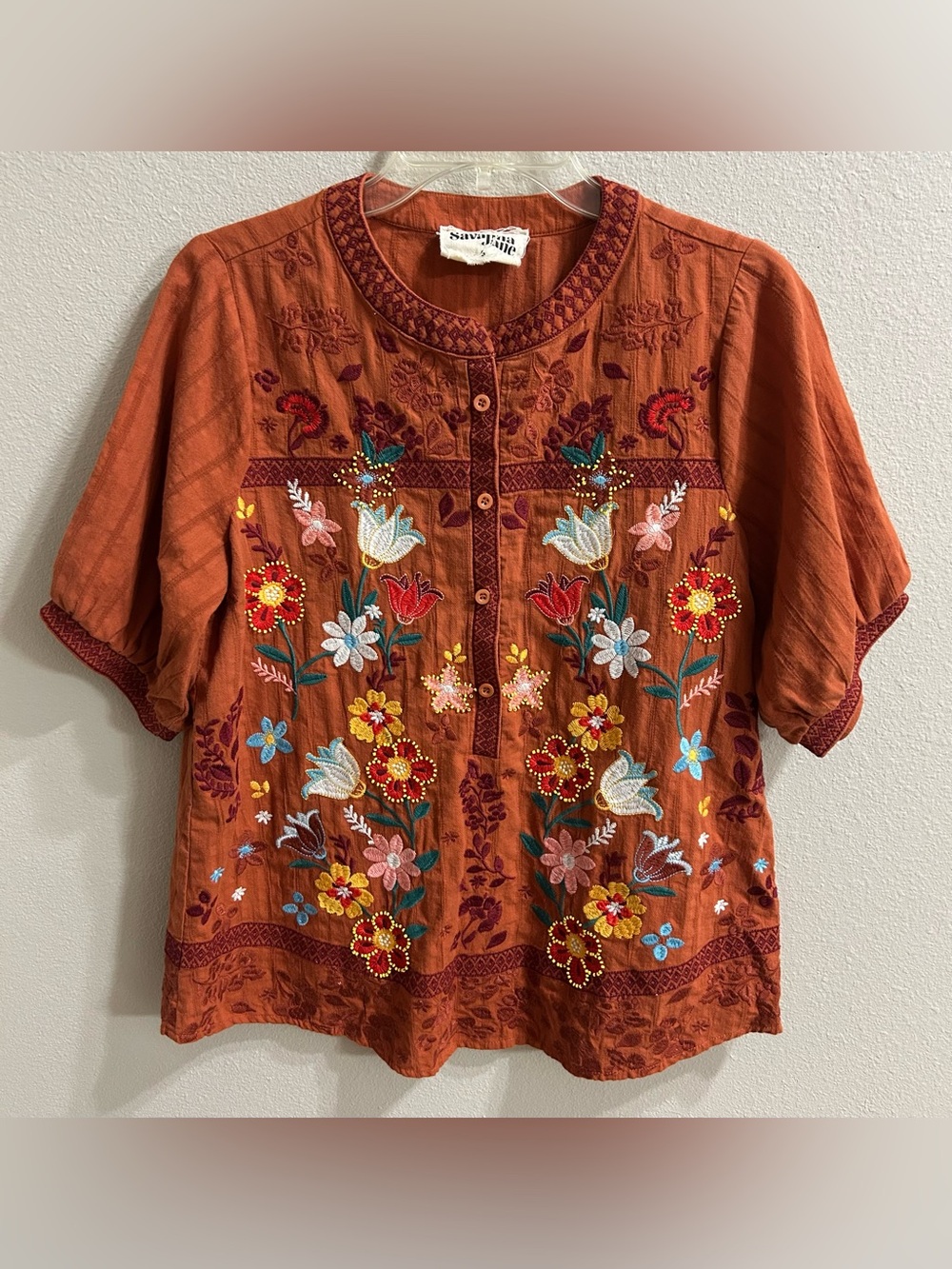 Savanna Jane Blouse Top Size S Boho Embroidered Beaded Peasant Rustic Western